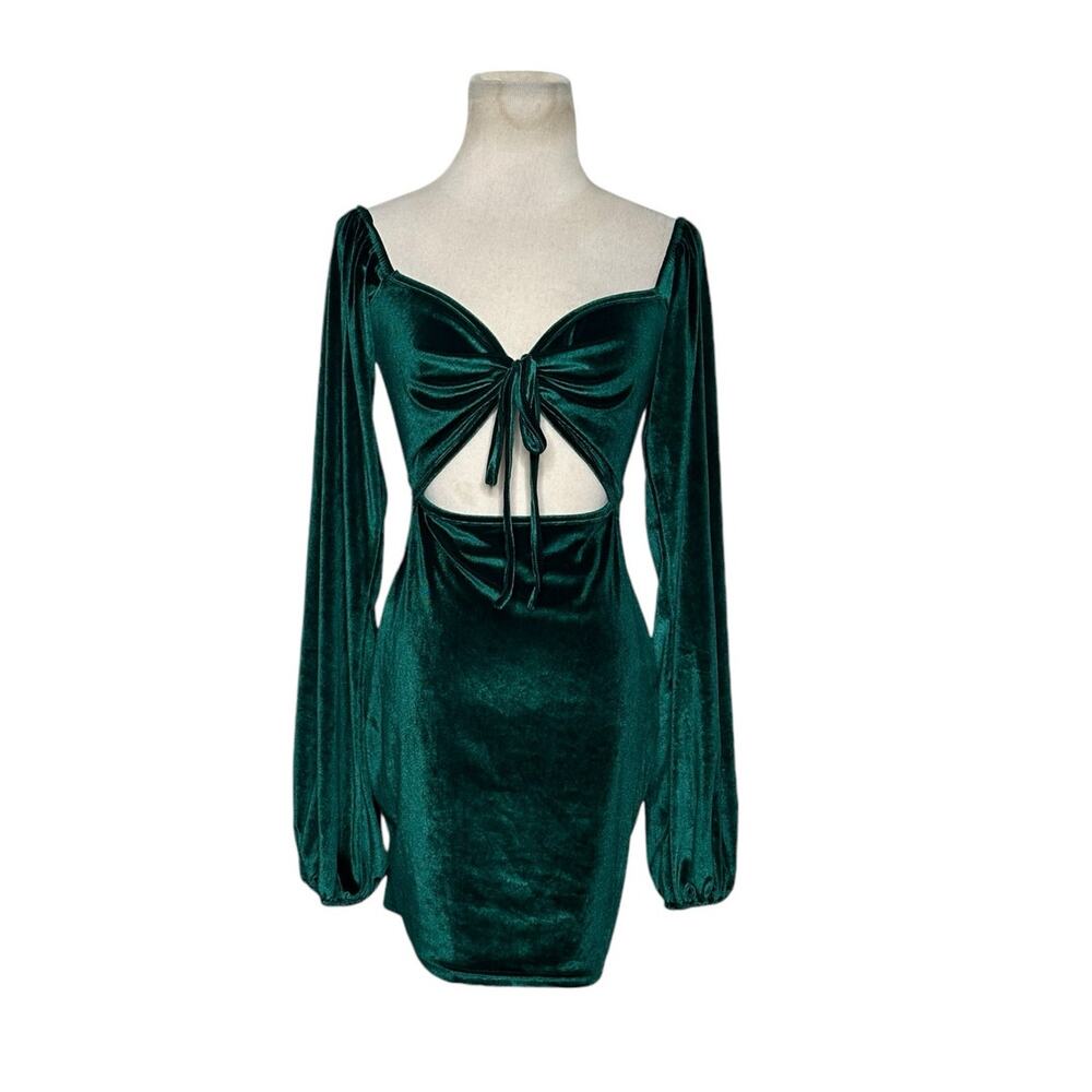 Shein green velour long sleeves front cut out mini dress size Small